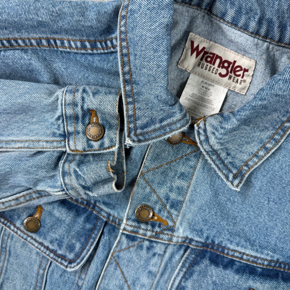 VTG Wrangler Rugged Wear Mens Jacket Medium‎ Blue Denim Trucker Light Wash Gorp